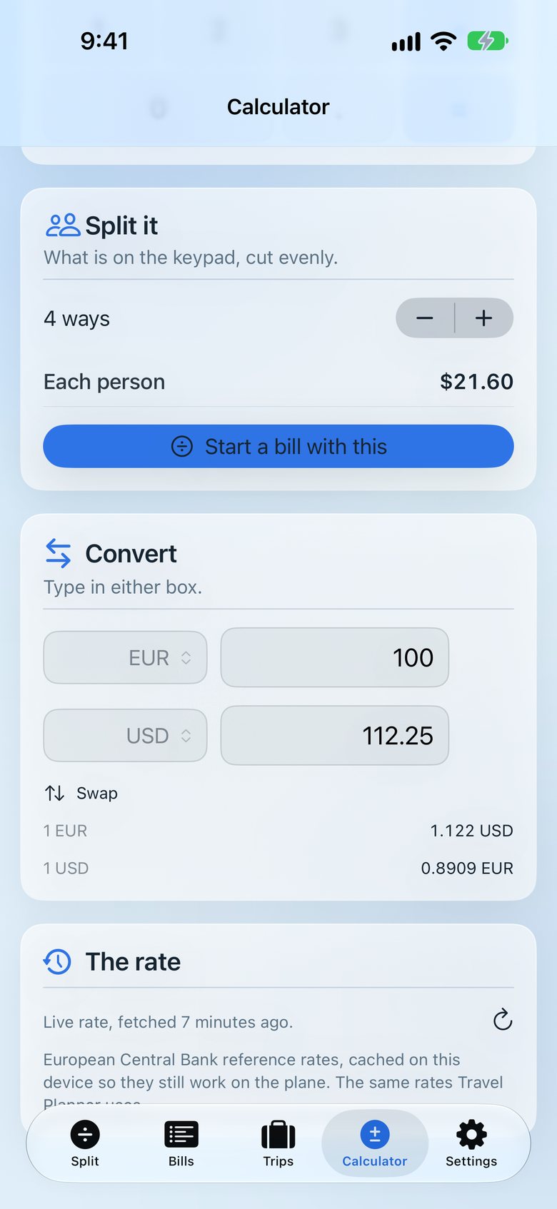 Split & Settle screenshot: calculator and currency converter.