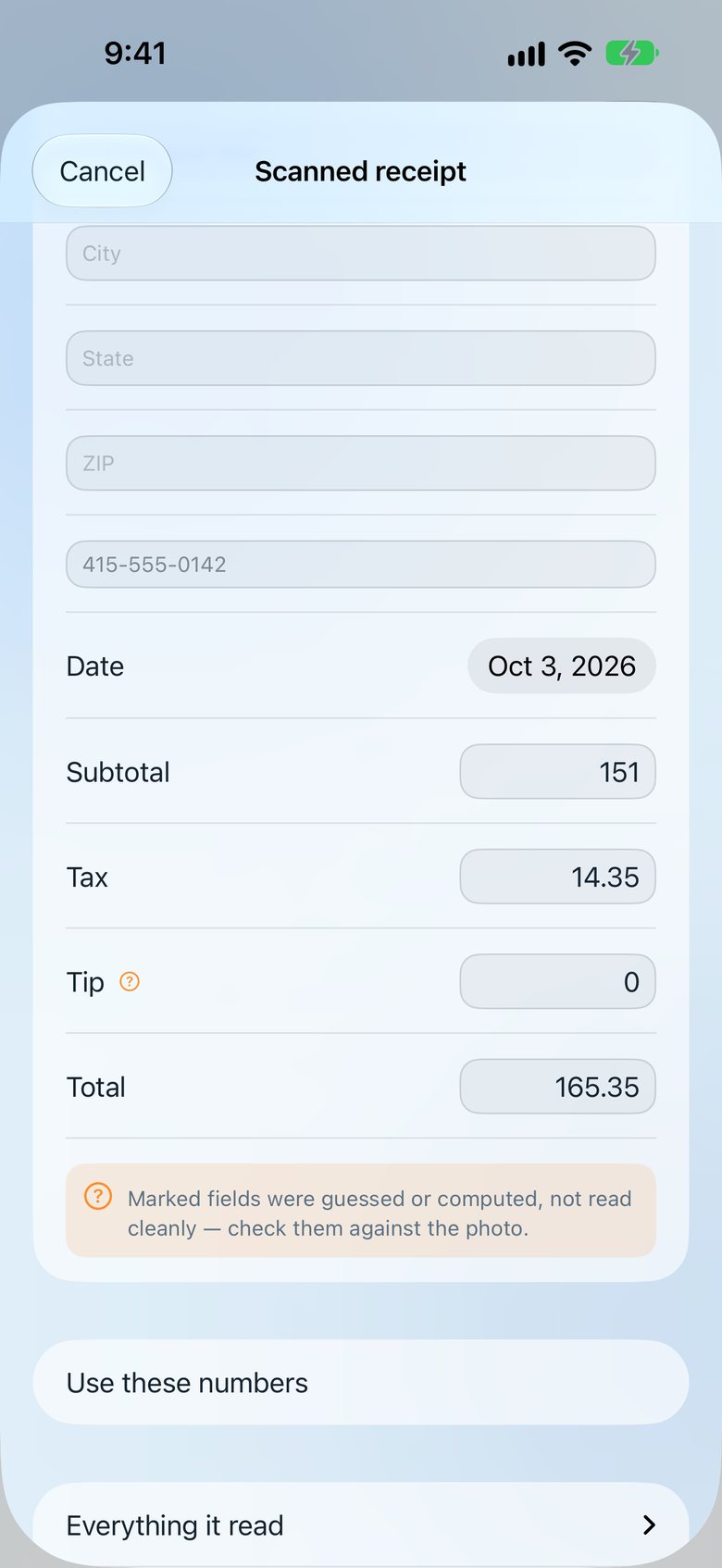Split & Settle screenshot: reviewing the lines read from a scanned receipt.