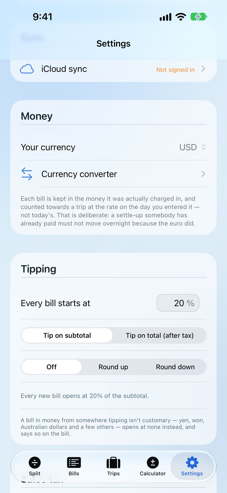 Split & Settle screenshot: tip options.